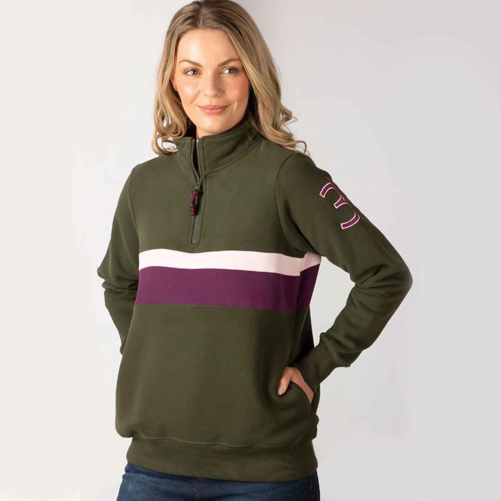 Rydale-Bramham-Ladies-Qtr-Zip-Stripe-Sweatshirt-Olive-Damson-3