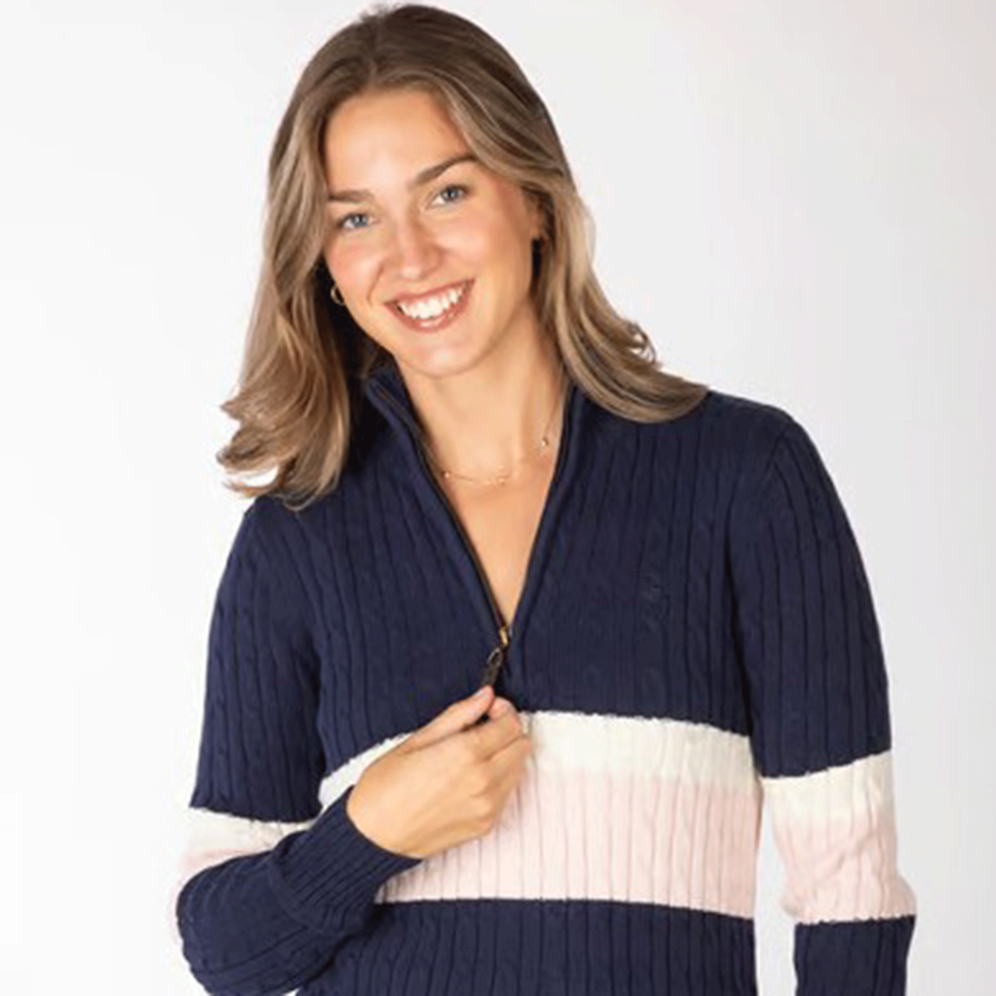 Rydale Bramham Ladies Striped Quarter Zip Jumper Navy