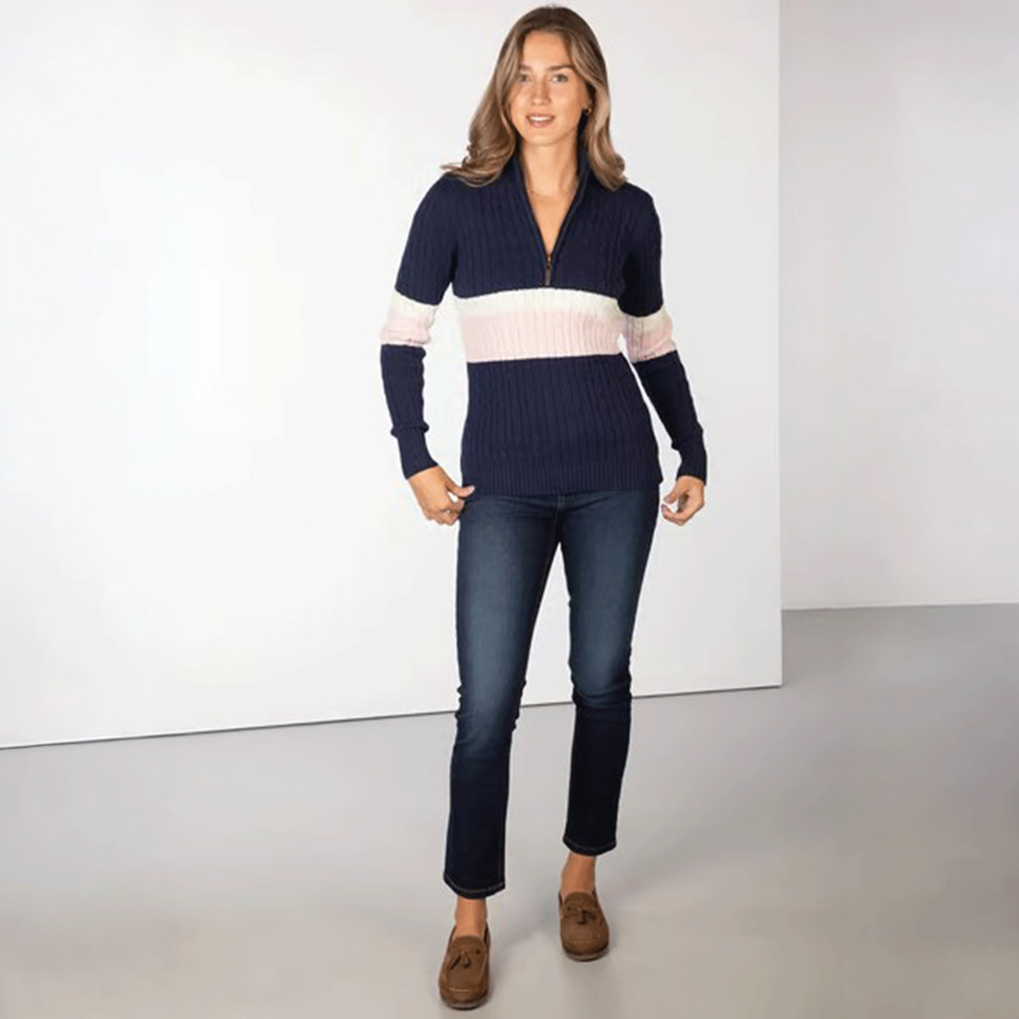 Rydale Bramham Ladies Striped Quarter Zip Jumper Navy