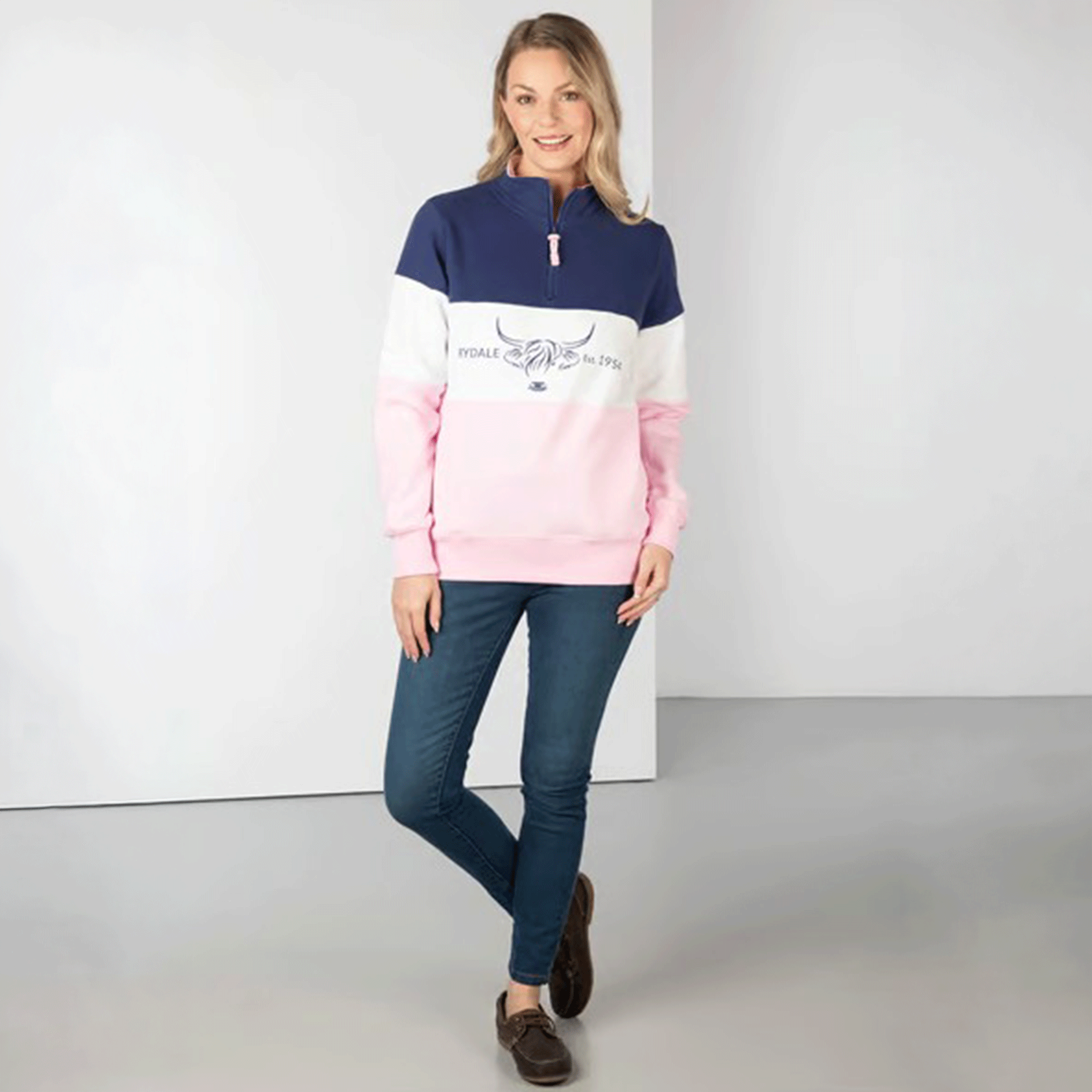 Rydale Byland Ladies Quarter Zip Sweatshirt Cow Denim-White-Sorbet