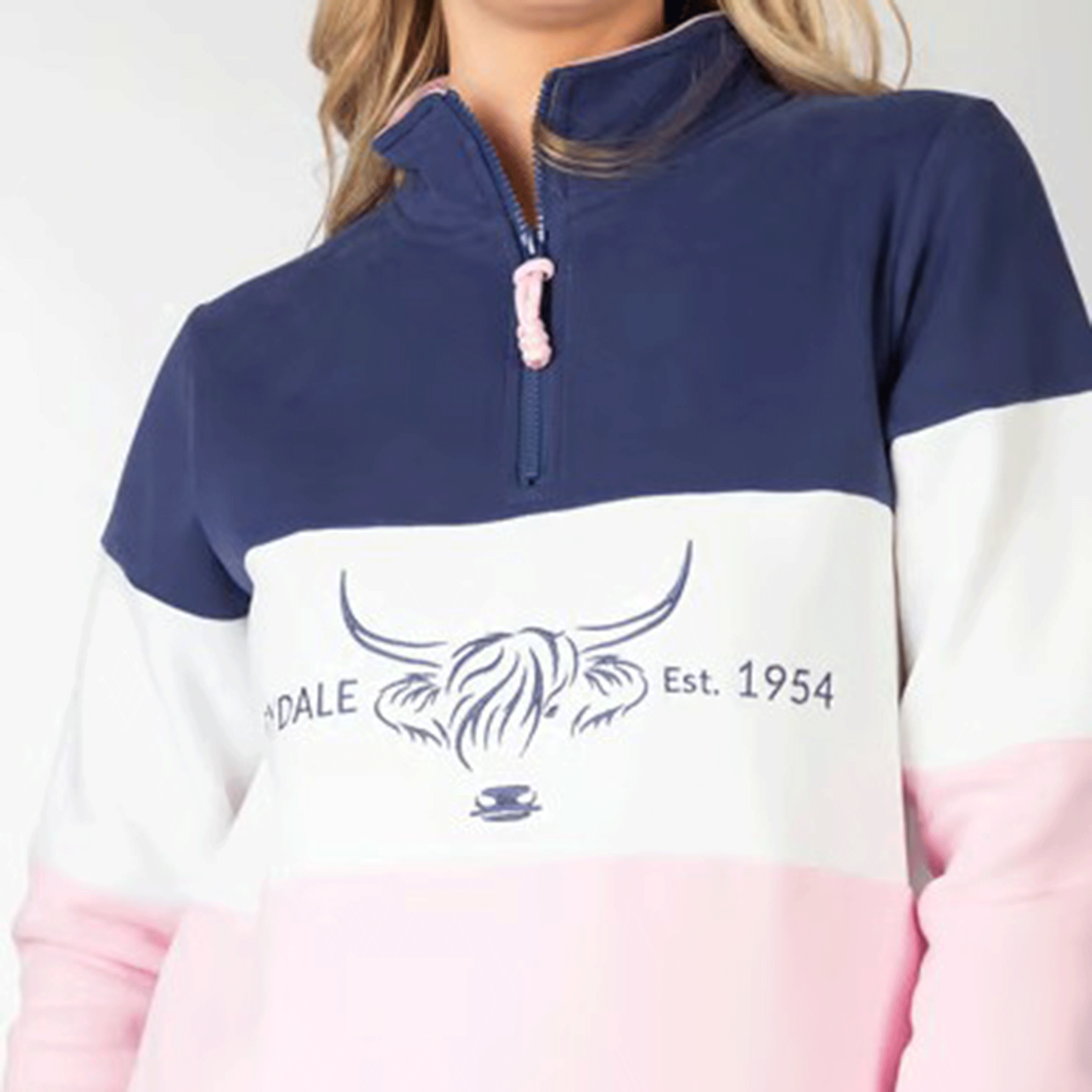 Rydale Byland Ladies Quarter Zip Sweatshirt Cow Denim-White-Sorbet