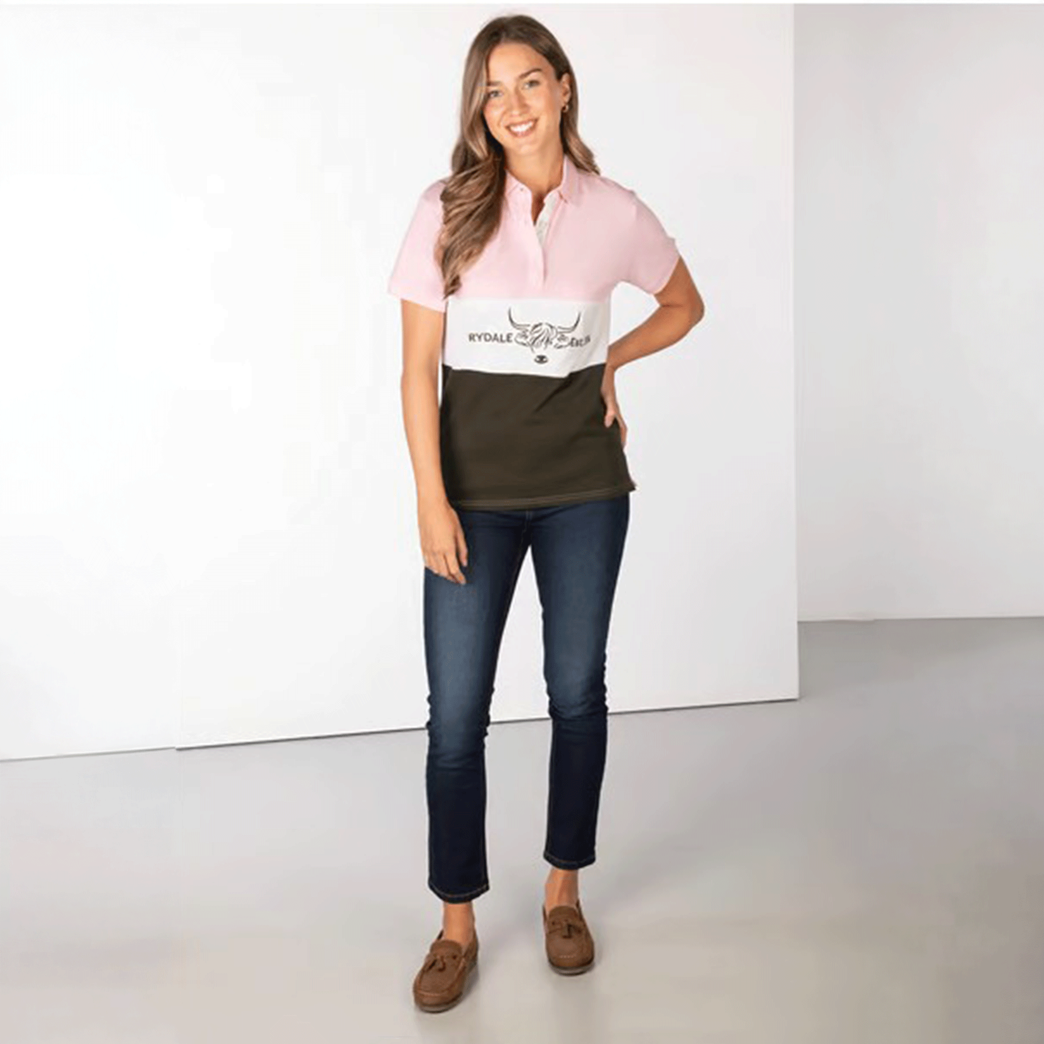 Rydale Byland Ladies Polo Shirt Cow Sorbet-White-Olive