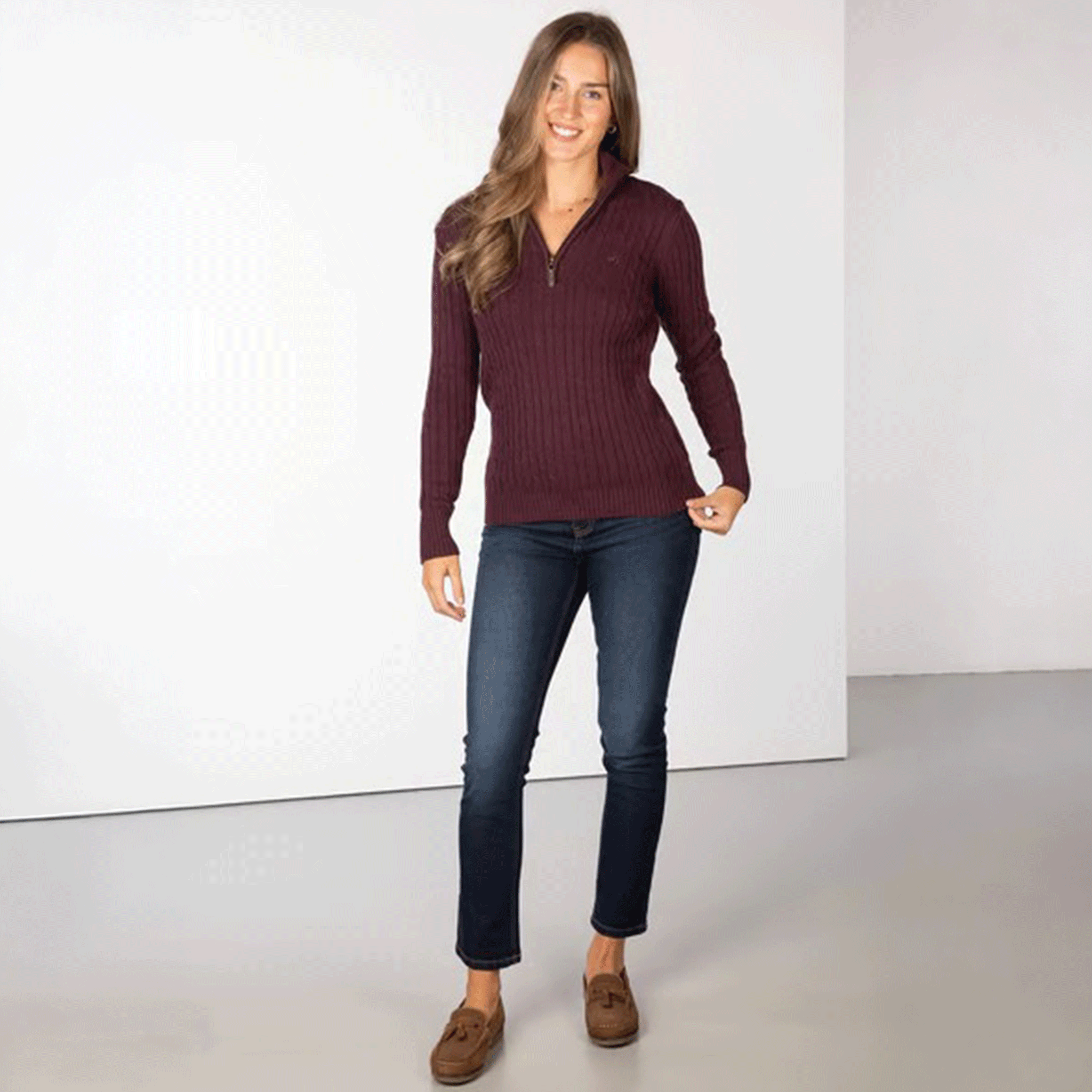 Rydale Emma Ladies Quarter Zip Cable Knit Jumper Burgundy