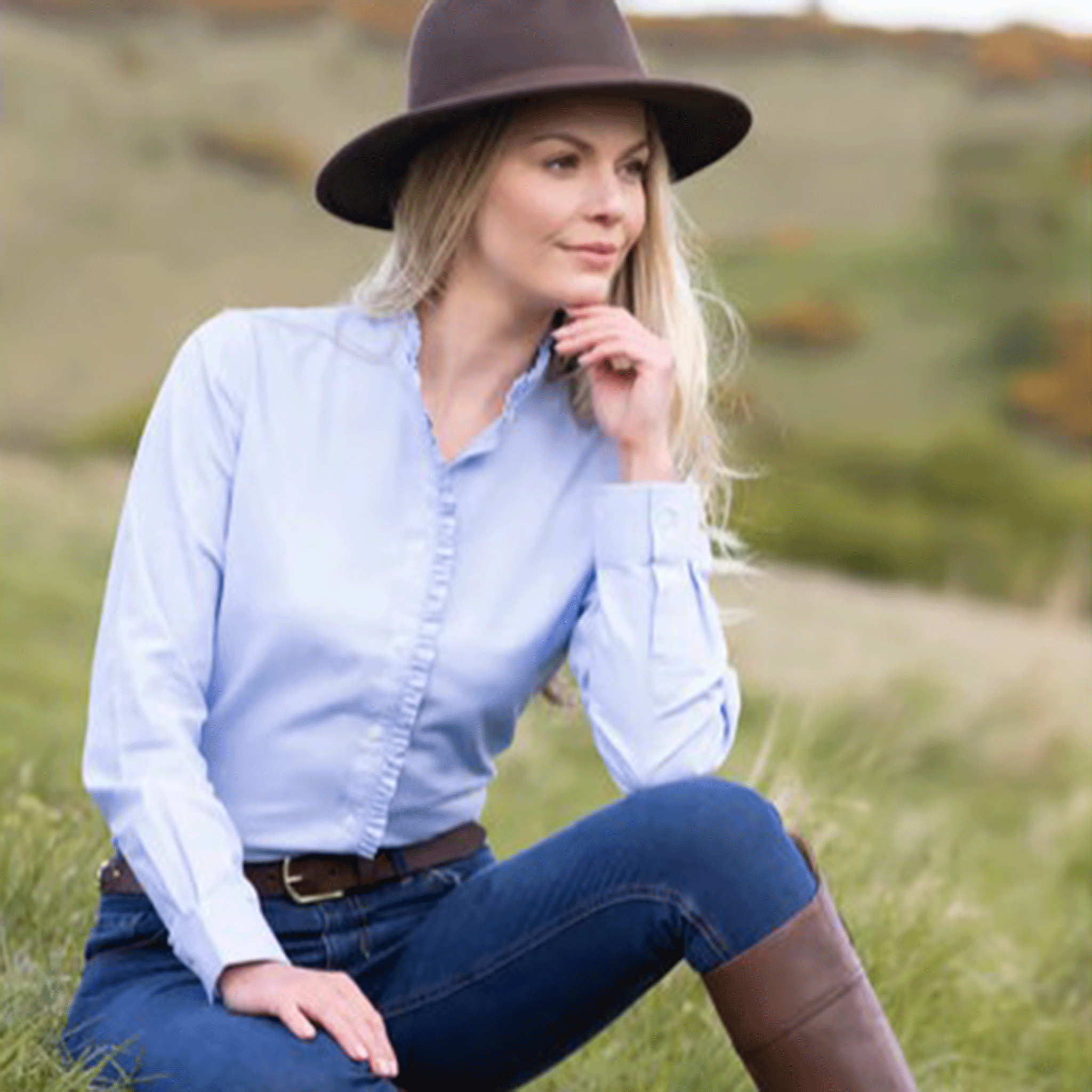 Rydale Ivy Ladies Oxford Cotton Ruffled Shirt Blue