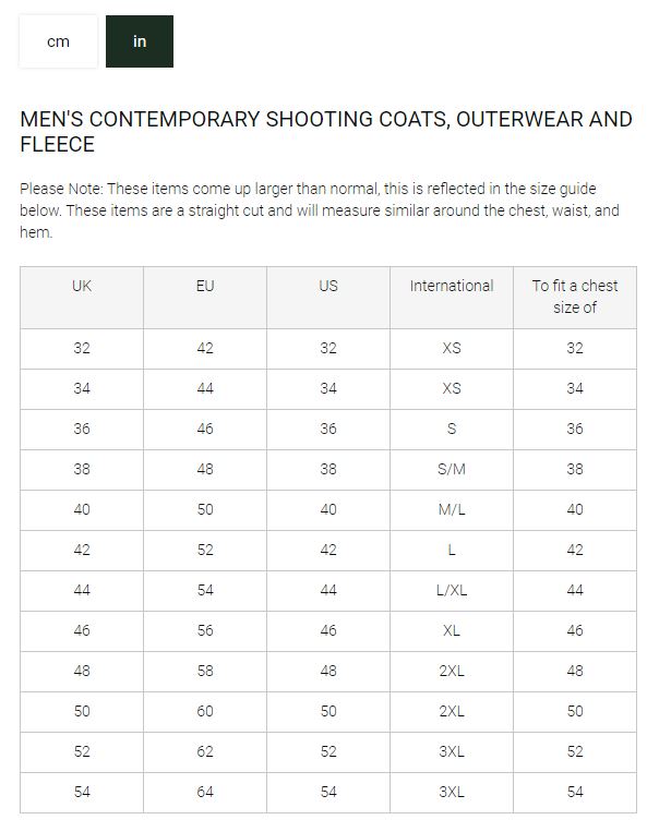 Schoffel Bude - Size Guide