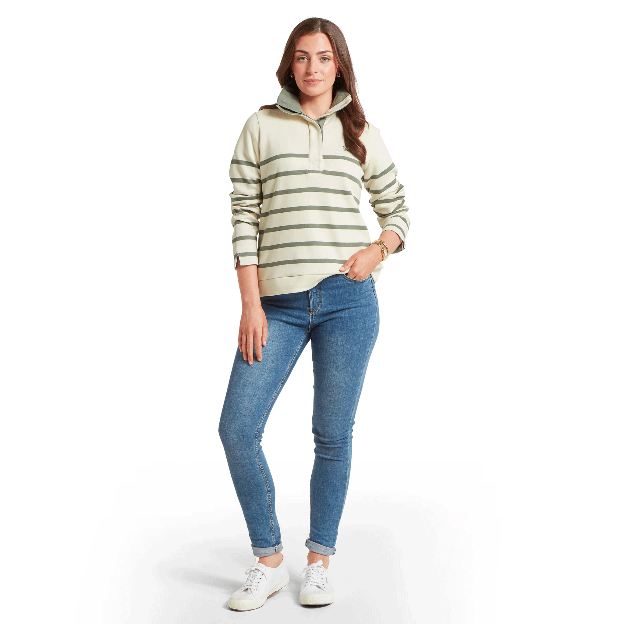 Schoffel Sandown 1/4 Zip Sweatshirt Pale Stone & Agave Green Stripe