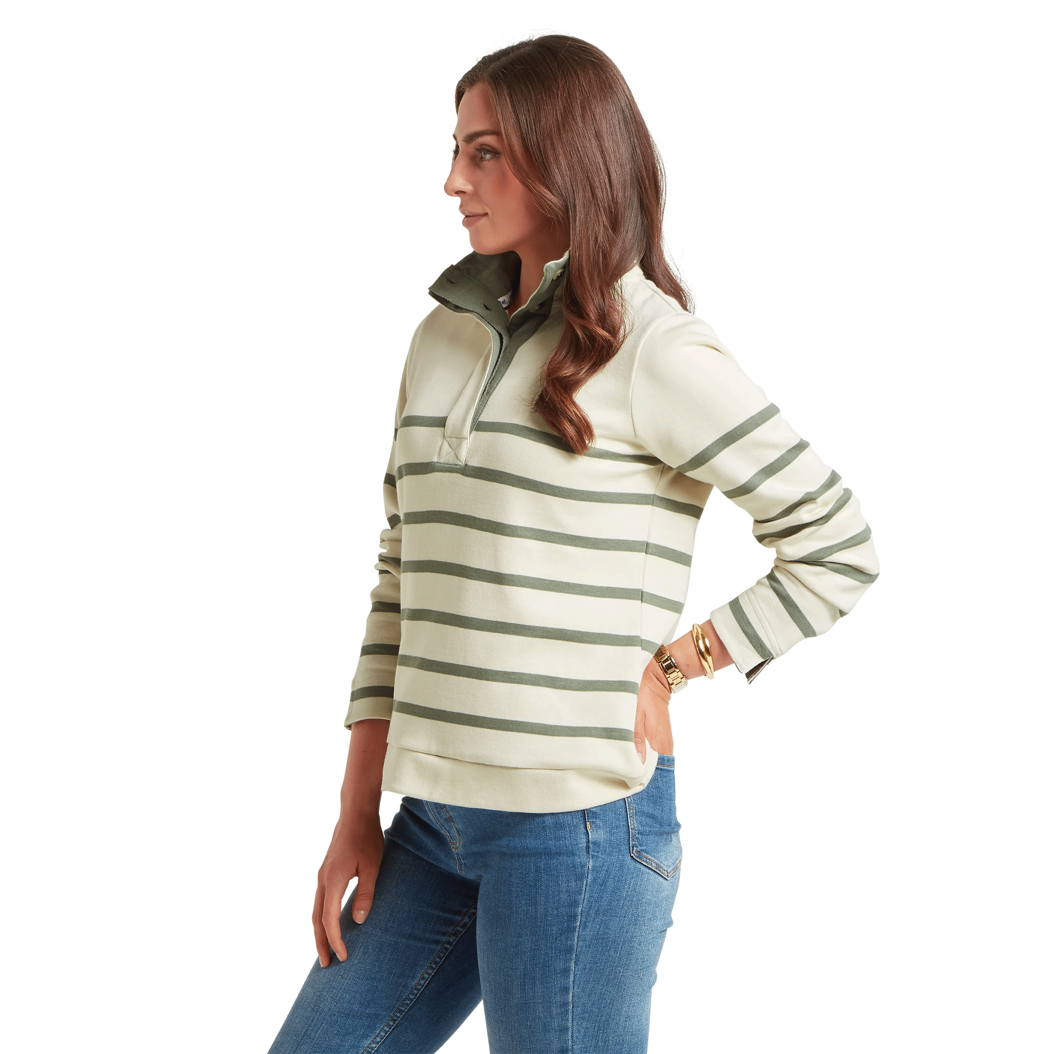 Schoffel Sandown 1/4 Zip Sweatshirt Pale Stone & Agave Green Stripe