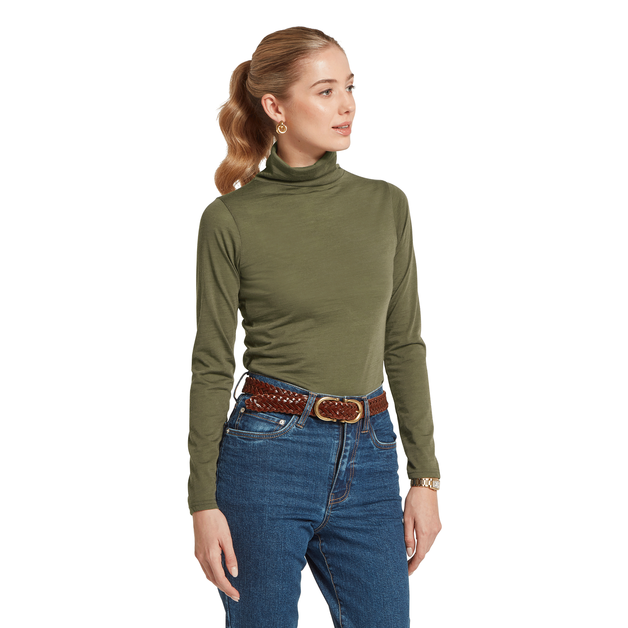 Schöffel Women's Malton Merino Roll Neck Top Dark Khaki Green
