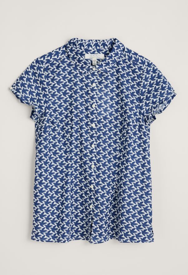 Seasalt Rushmaker Short Sleeve Shirt Retro Birds Marine 2