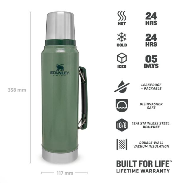 Stanley Classic Stainless Steel 1L Vacuum Bottle Hammertone Green 3