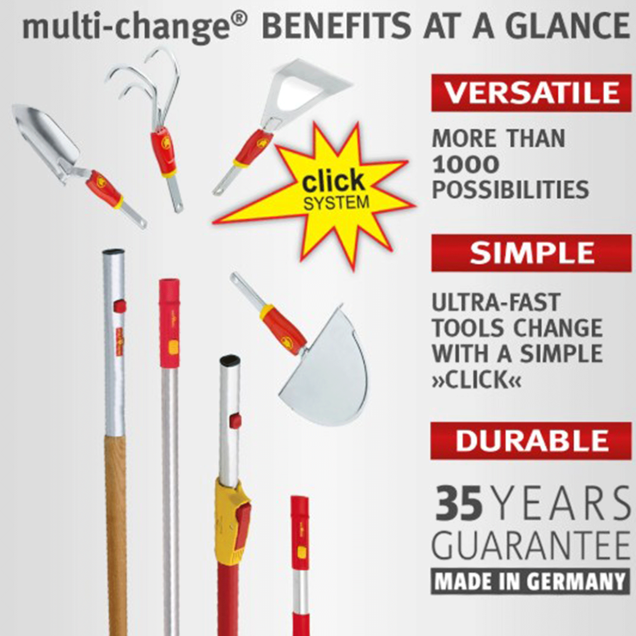 Wolf Garten Multi-Change Dutch Hoe, Soil Rake and Aluminium Handle 142cm Set