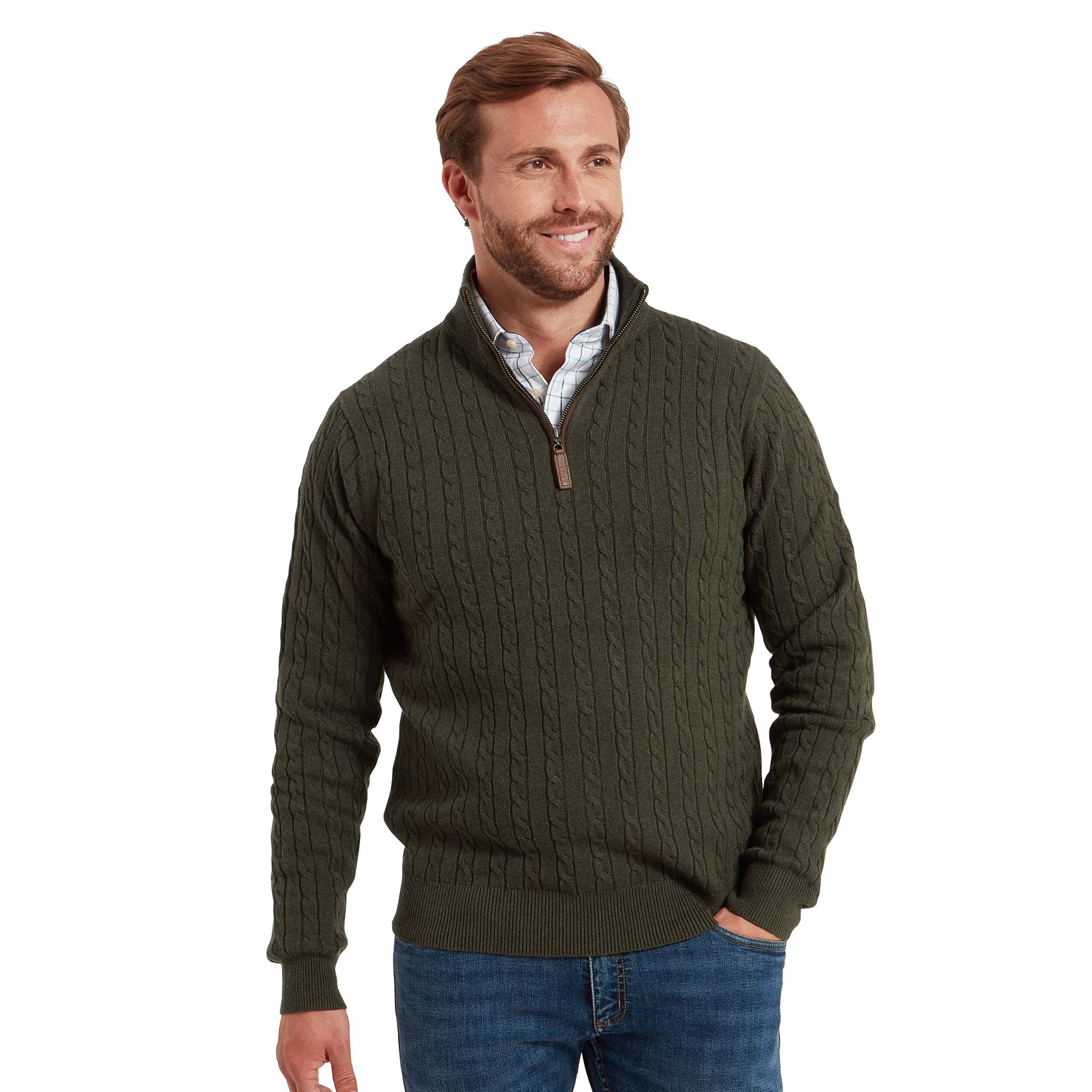 Schoffel Calton Cotton Cashmere Cable Quarter Zip Jumper in Loden Green