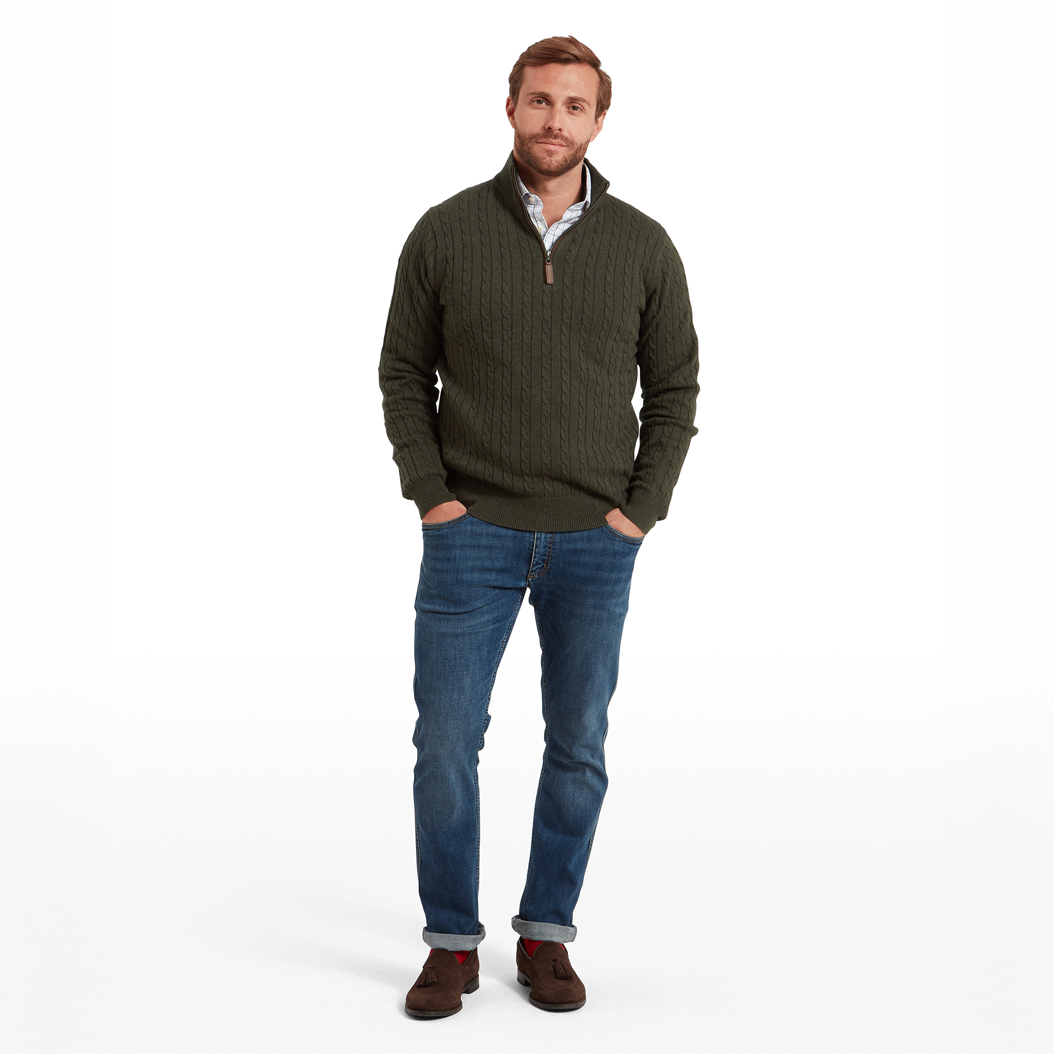 Schoffel Calton Cotton Cashmere Cable Quarter Zip Jumper in Loden Green