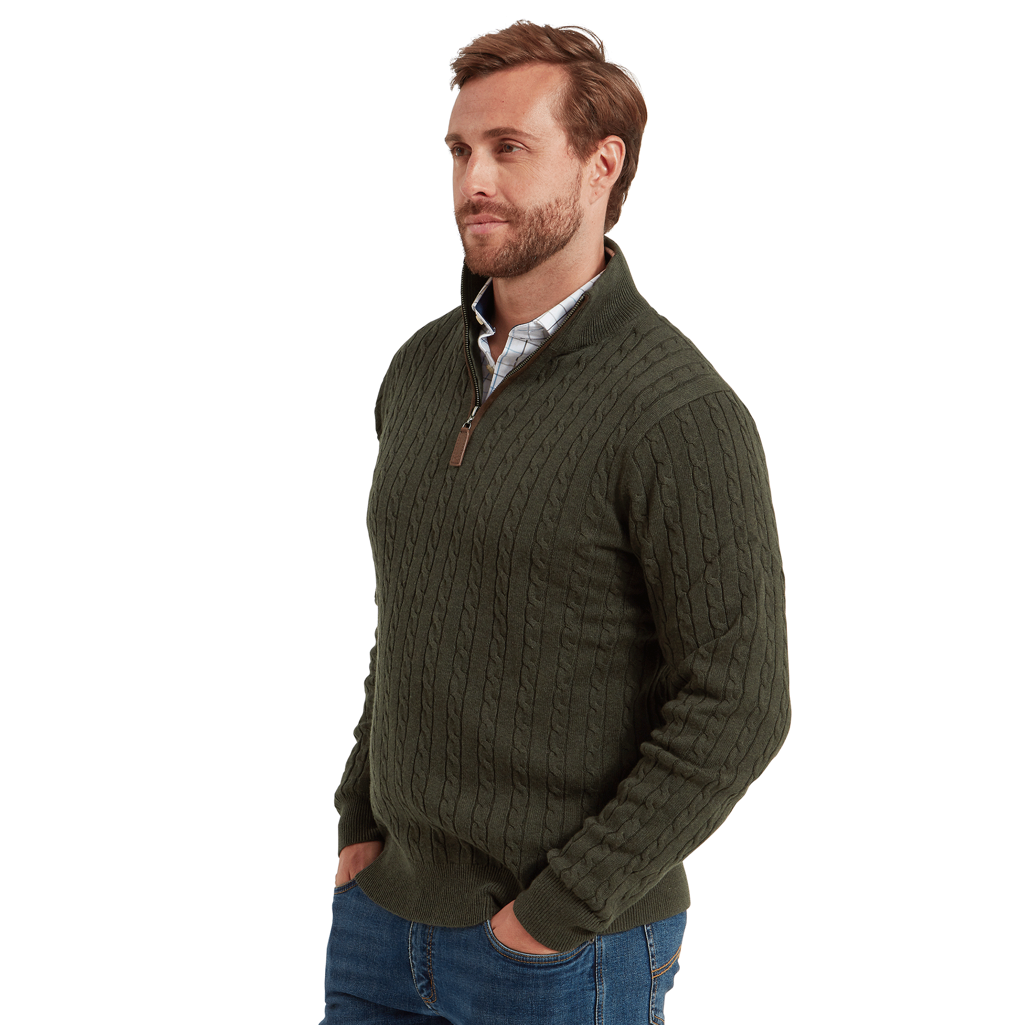 Schoffel Calton Cotton Cashmere Cable Quarter Zip Jumper in Loden Green