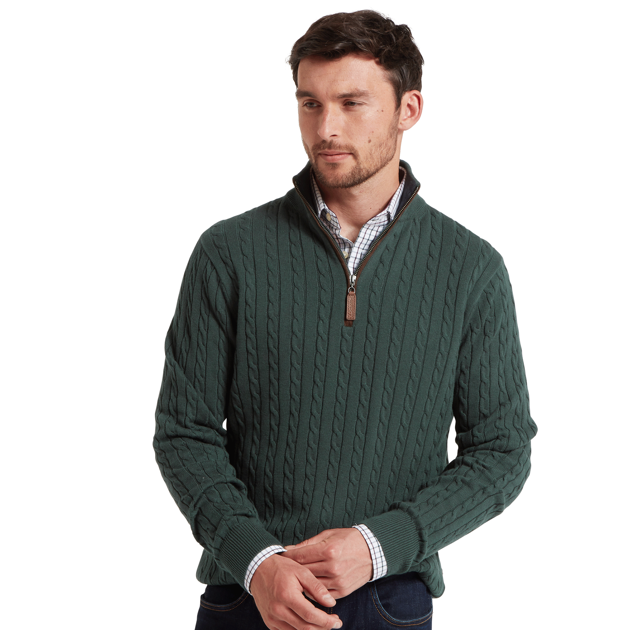 Schoffel Calton Cotton Cashmere Cable Quarter Zip Jumper in Botanical Green