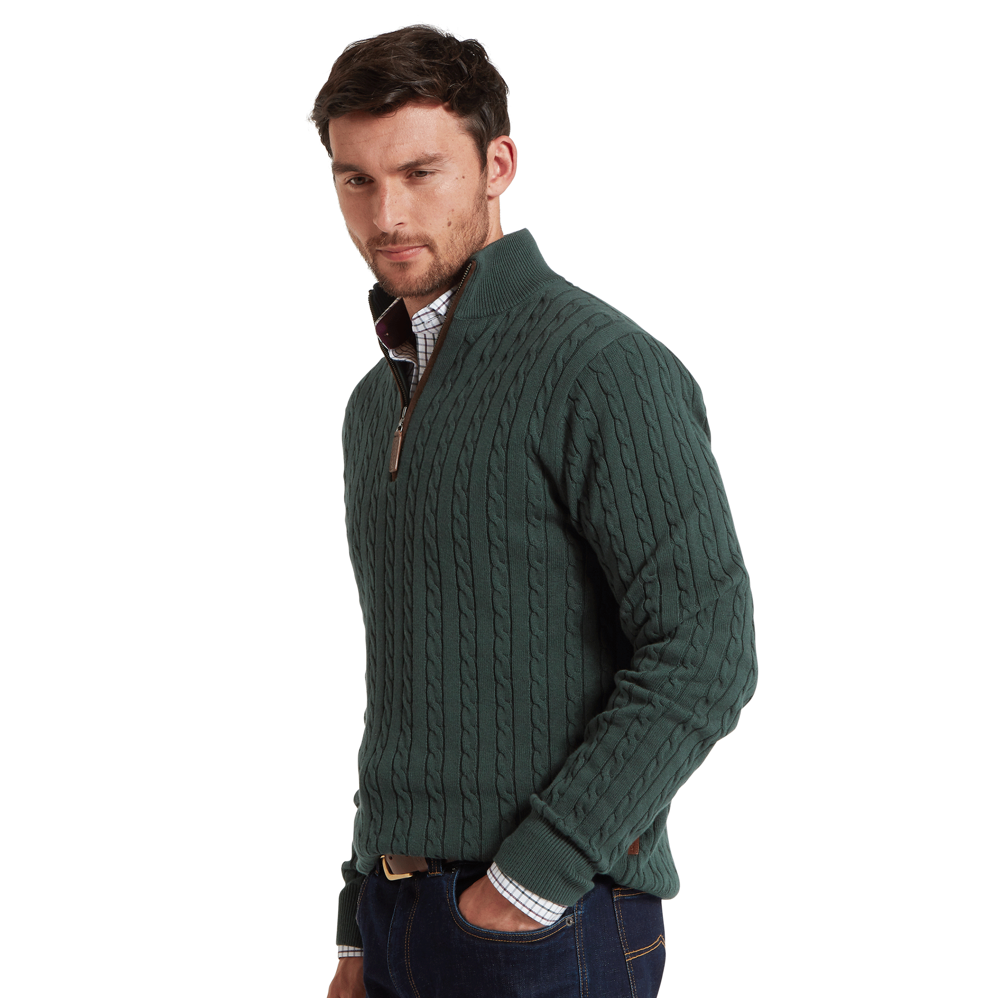 Schoffel Calton Cotton Cashmere Cable Quarter Zip Jumper in Botanical Green