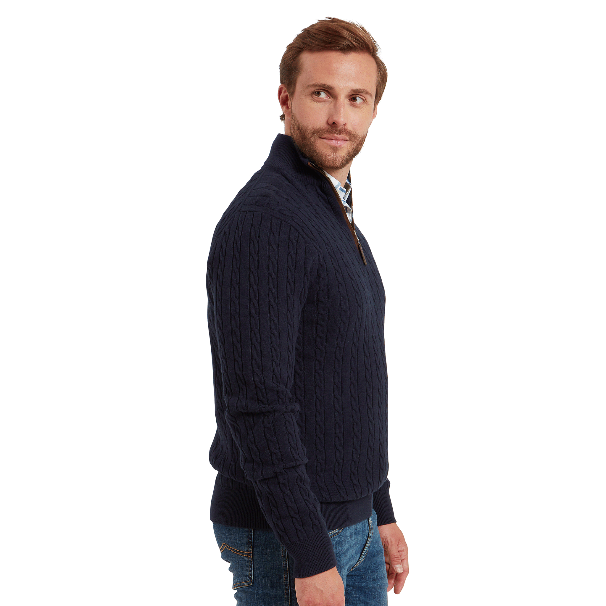 Schoffel Calton Cotton Cashmere Cable Quarter Zip Jumper in Navy